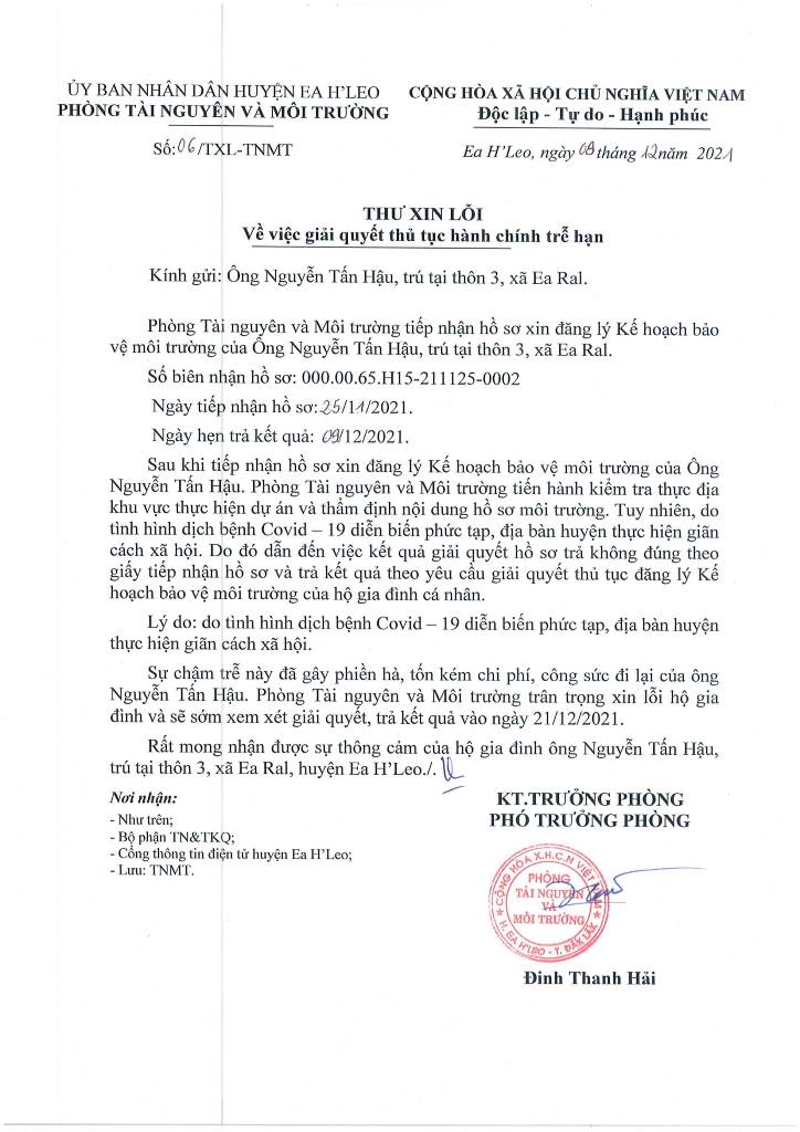 Thư xin lỗi vì giải quyết TTHC trễ hạn của ông Nguyễn Tấn Hậu - Thôn 3, xã Ea Ral